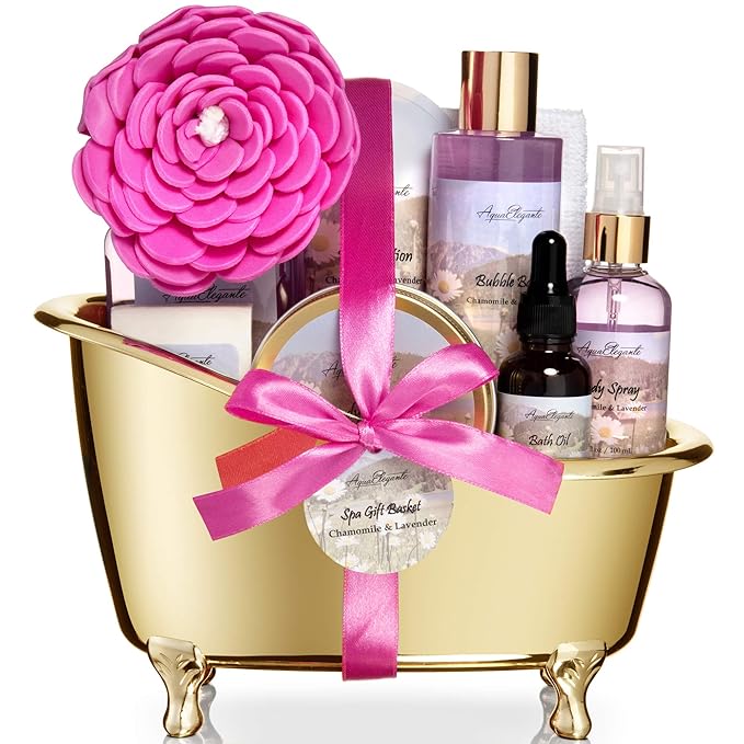 Spa Gift Baskets For Women - Luxury Bath Set With Lavender & Chamomile - Spa Kit Includes Body Wash, Bubble Bath, Lotion, Body Butter, Soap, Body Spray, Shower Puff, and Towel