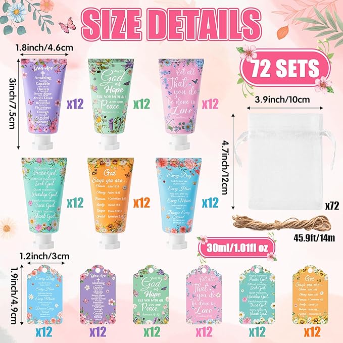 Y1tvei Christian Hand Cream Bulk Christmas Gifts for Women, 30ml Bible Verse Hand Lotion Scripture Travel Hand Lotion Gift Set for Mom Grandma Baby Shower Bridal Shower Favors (72 Sets, Verse Style)
