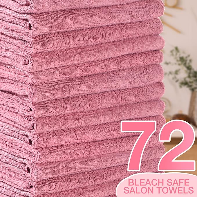 Newwiee 72 Pack Microfiber Bleach Proof Towels Bulk for Salon 18 x 30 Inch Dry Lint Free Hair Drying Hand Towels for Hair, Gym, Bath, Spa, Shaving, Barber(Pink)