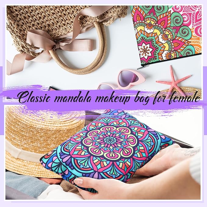Eccliy 20 Pcs Mandala Makeup Bag Cosmetic Bag Canvas Gifts Colorful Mandala Themed Accessories for Girls Toiletry Pouch with Zipper for Women Party Shopping Home Travel, 9 x 7 Inch