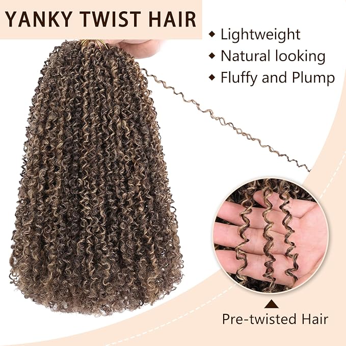 COOKOO 8 Bundles/Lot 12 Inch Bohemian Yanky Twist Crochet Hair Mix Blonde Pre-Twisted Crochet Passion Twist Hair with Curls Pre Looped Small Curly Twist Crochet Hair for Senegalese Twist Braids 4H27#
