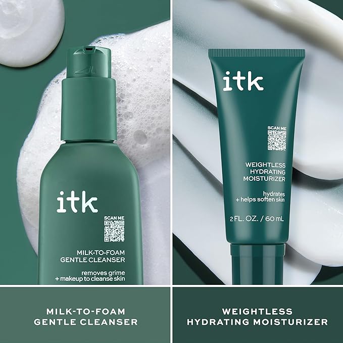 ITK Skincare Cleanser + Moisturizer Set - Milk-To-Foam Face Wash Cleanser + Weightless Hydrating Moisturizer for Smooth and Nourished Skin - Helps Remove Makeup + Hydrate Skin - Skincare Gift Set