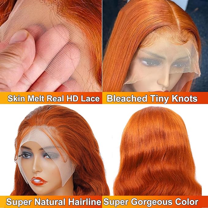 24 Inch Ginger Orange Lace Front Wigs Human Hair Body Wave 13x6 HD Lace Frontal Ginger Wig Human Hair 180 Density Transparent 350 Colored Human Hair Wigs for Women Pre Plucked With Baby hair