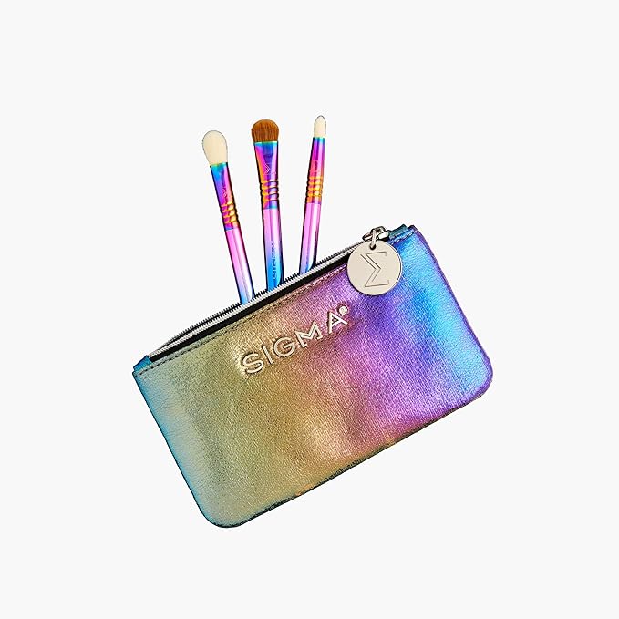 Sigma Beauty Color Me Proud Mini Makeup Brush Set – Set of 3 Mini Eye Makeup Brushes, For Shading and Defining Eye Makeup, Includes Sleek Clutch-Style Small Makeup Bag (4 Pcs)