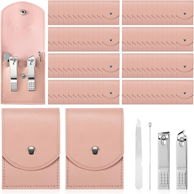 Lasnten 100 Bulk Nail Clipper Set Bulk Manicure Kit Stainless Steel Pedicure Professional Nail Care Kit with Travel Case Portable Grooming for Husband Men Women Family(Pink,4 in 1)