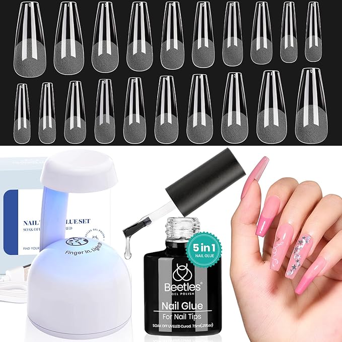Beetles Gel Nail Kit Easy Nail Extension Set Etch X Nail Tips 500Pcs Pre Filed Half Matte Long Coffin Nail Tips with 5 in 1 Nail Glue Gel Uv Led Nail Lamp Acrylic Nail Tips