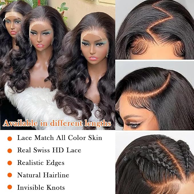 30 Inch HD Lace Front Wigs Human Hair 13x4 Body Wave Lace Frontl Wigs Human Hair 180% Density Glueless Wigs Human Hair Pre Plucked With Natural Black Hairline Baby Hair For Women