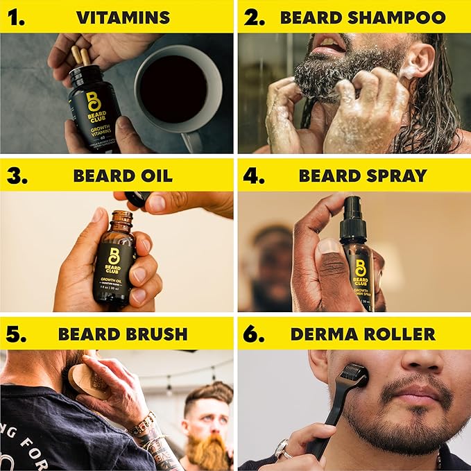 Beard Club Advanced Beard Growth Kit - Derma Roller, Growth Oil, Vitamins and Vitamin Spray, Shampoo and Boar Bristle Brush - Gift Set - Cedar