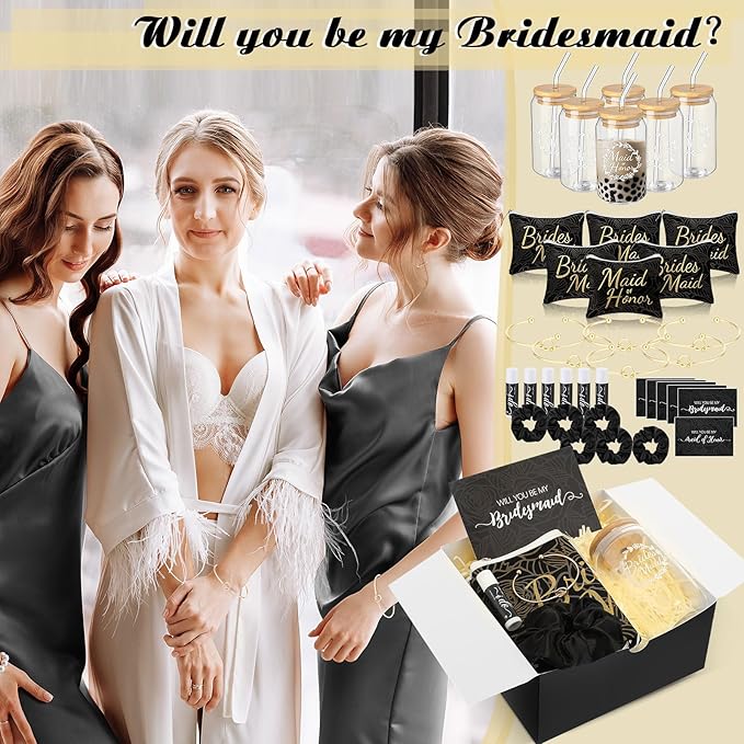 54 Pcs Bridesmaid Proposal Gifts Bridesmaid Box Set Include Bridal Shower Gift Box Makeup Bag Invited Card Glass Cup Lip Balm Scrunchie Hair Knotted Bracelet for Maid of Honor(Black)