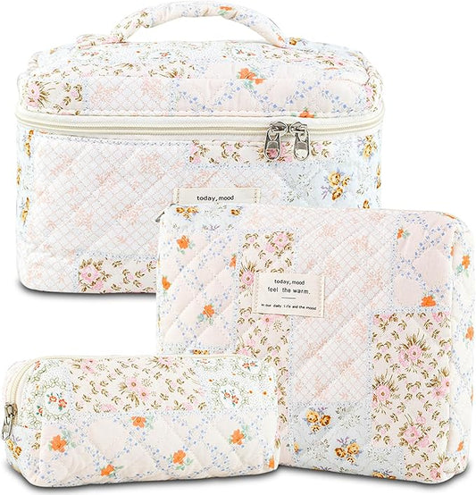 Makeup Bag, 3 PCS Quilted Makeup Bag, Cute Floral Cotton Cosmetic Bag set, Coquette Makeup Pouch Large Travel Toiletry Bag