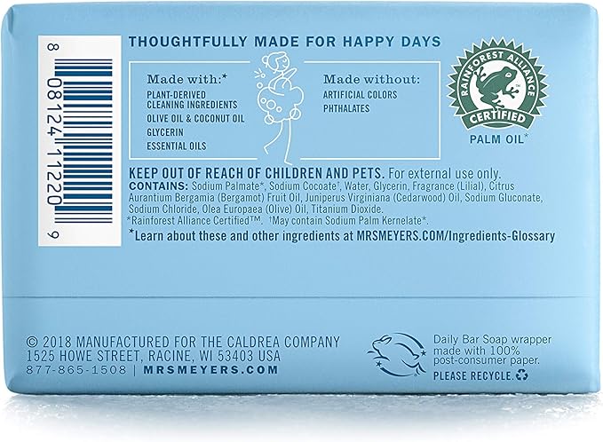 MRS. MEYER'S CLEAN DAY Bar Soap, Use as Body Wash or Hand Soap, Made with Essential Oils, Rain Water, 5.3 oz, 1 Bar