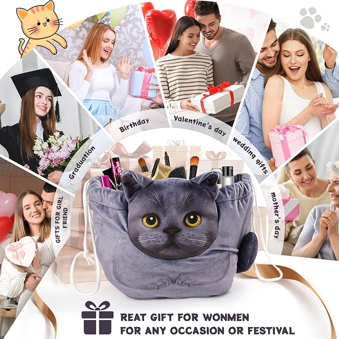Openhaha Drawstring Makeup Organizer, Travel Cosmetic Pouch - Cat Gift for Women, Lay Flat Makeup Bag Gifts for Cat Lovers
