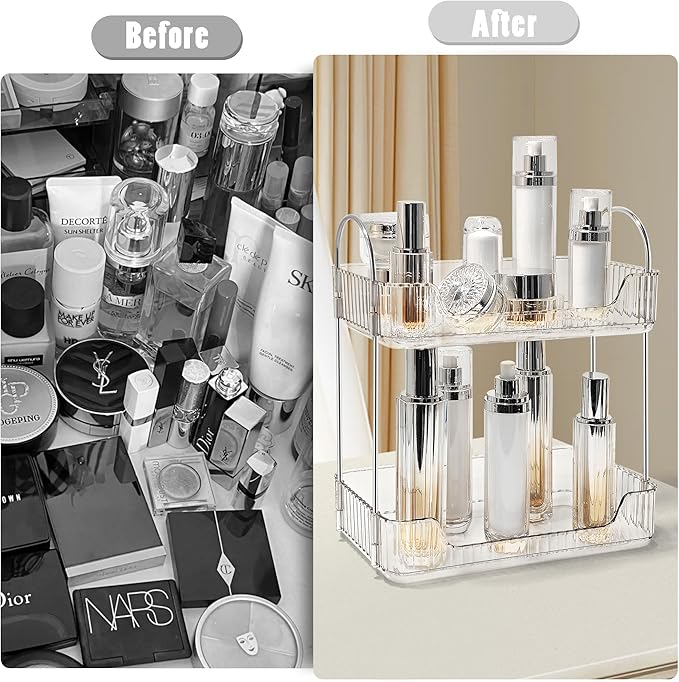 Bathroom Counter Organizer Countertop Storage Skincare Countertop Makeup Organizer Cosmetics Skincare Organizers Holder for Perfume-Clear White-Silver Pole