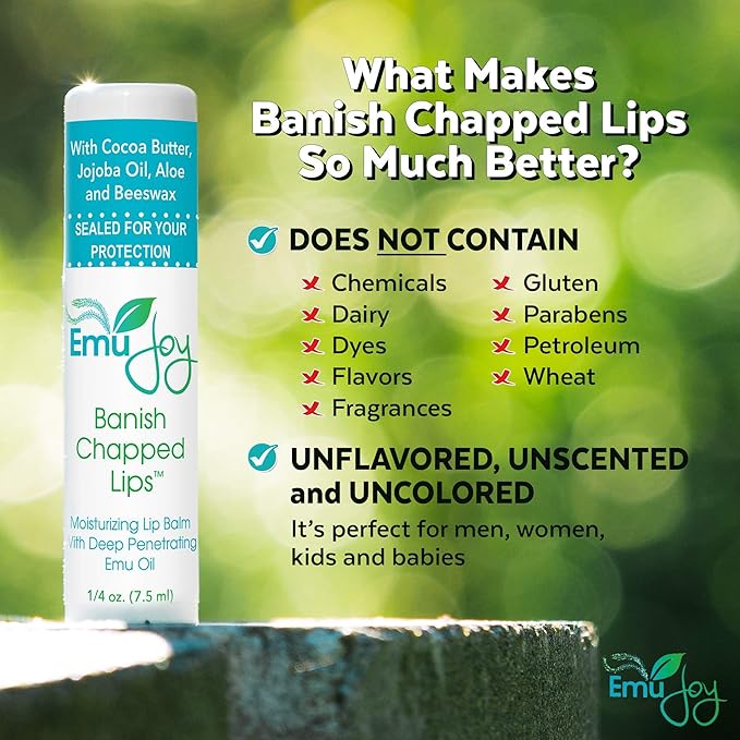 Emu Joy - Natural and Organic Emu Oil Lip Balm Hydrating, Pocket-Size Unflavored & Unscented Lip Balm with Emu Oil - Best for Severely Chapped Lips (1pk)