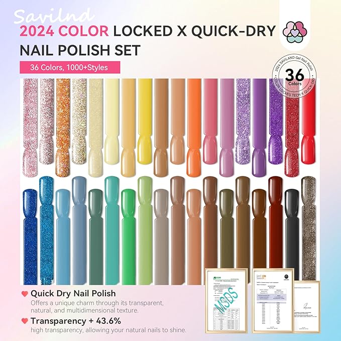 SAVILAND 39pcs Christmas Nail Polish Set: 36 Winter Colors Red Green Air Quick Dry Finger Nail Polish Kit, Glitter Regular Toe Polish Non Gel with Top Base Polish Coat for Women Nail Art Design Home