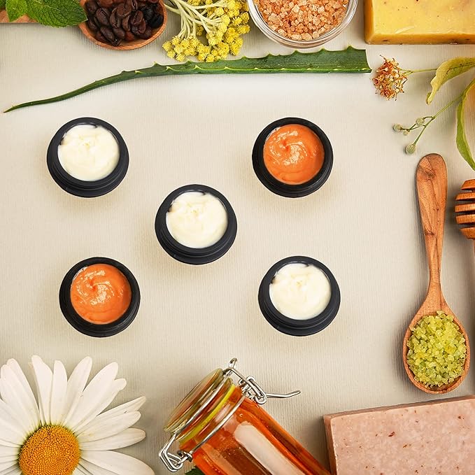 Darware 15-Milliliter Glass Balm Jars (24-Pack, Black); 1/2 oz Tiny Cosmetic Jars with Lined Black Metal Lids