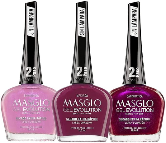MASGLO Gel Evolution – Set of 3 Nail Polishes No UV/LED Lamp Needed, Fast-Drying, 12-Day Wear, 14-Free Formula, High-Gloss Finish, vegan (0.5 oz Each) h