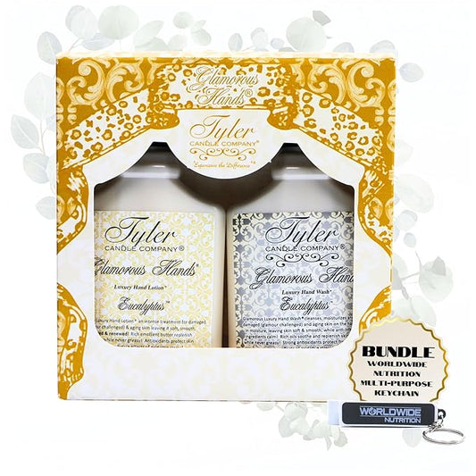 Worldwide Nutrition Bundle: Tyler Eucalyptus Glamorous Hand Wash and Hand Lotion Gift Set - 2 Pack, 8 Oz Scented Pump Bottles for Luxury Skin Care and Multi-Purpose Key Chain