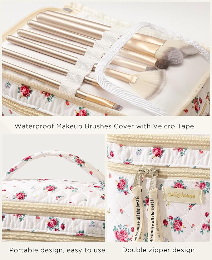 HBselect 2Pcs Travel Makeup Bag, Large Cotton Quilted Makeup Bag Cosmetic Bag Cute Make up Bag Toiletry Bags for Women Girls