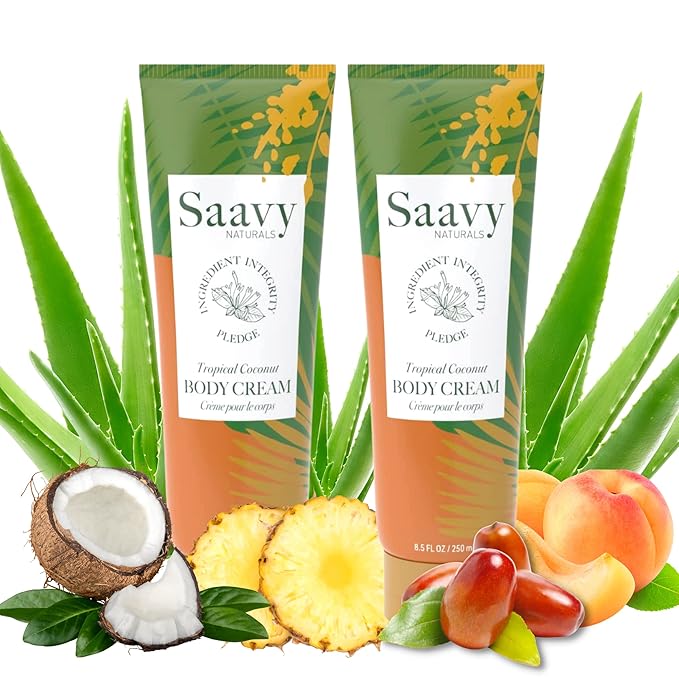 Saavy Naturals Tropical Coconut Body Cream for Women, Absorbent Shea Butter Vegan Formula for Women, Thick and Creamy, Naturally Scented Body Lotion for Dry Skin, 8.5 Oz, 2 Pack