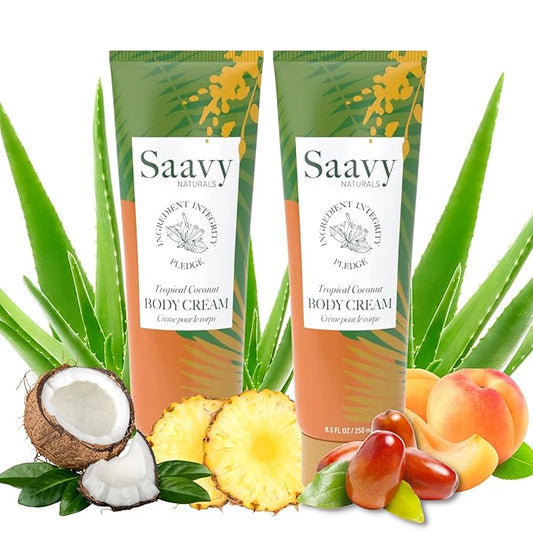 Saavy Naturals Tropical Coconut Body Cream for Women, Absorbent Shea Butter Vegan Formula for Women, Thick and Creamy, Naturally Scented Body Lotion for Dry Skin, 8.5 Oz, 2 Pack
