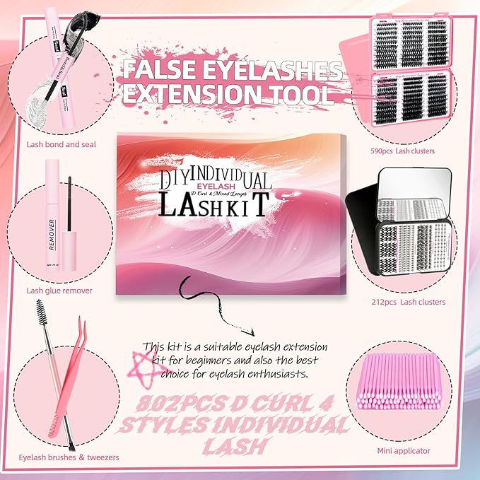 DIY Fluffy Lash Extension Kit 802Pcs D Curl 4 styles Individual Lash with Bottom Lash Clusters Lash Bond and Seal,Quick Glue Remover Tweezers Eyelash Brush Mini Applicator (LASH002)
