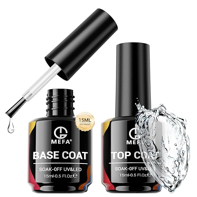 MEFA 2 Pcs 15ml Gel Top Coat and Base Coat Set, No Wipe Gel Nail Polish Base and Top Coat, Long Lasting Glossy Shine Effect Soak Off LED Nail Lamp Art DIY Manicure Holiday Gifts