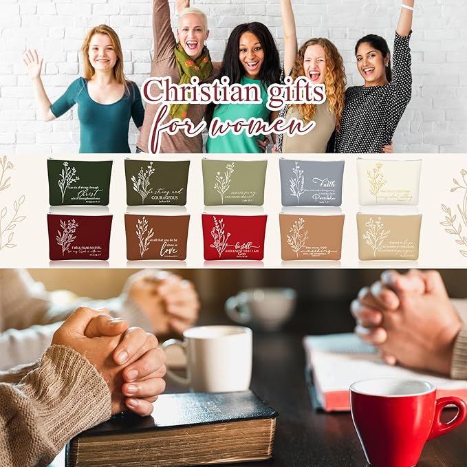 10Pcs Christian Gifts for Women Religious Cosmetic Bags Inspirational Bible Verse Pencil Pouch Canvas Makeup Bags Bulk with Zipper for Mother Sister Church Favors