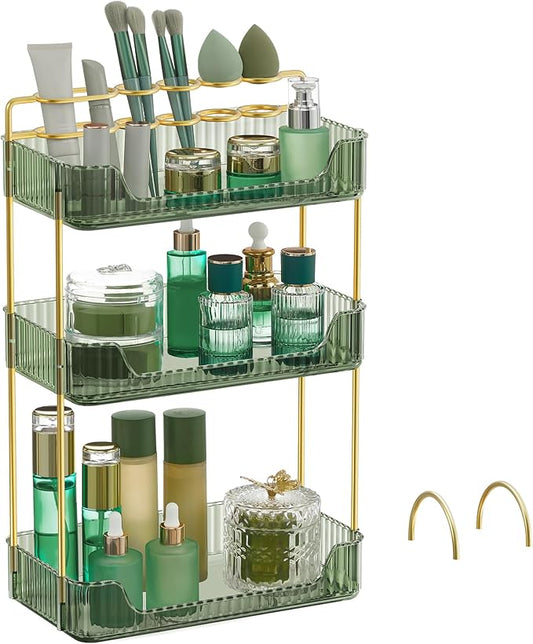 SONGMICS Makeup Organizer, 3-Tier Skincare Organizer Countertop, Customizable, 2 Types of Accessories, Jewelry Holder, for Vanity, Bedroom, Bathroom, Pale Green UJKA013C01