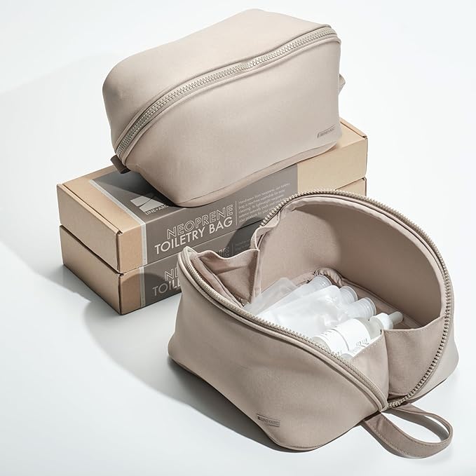 LINE+ARC Machine-Washable Neoprene Toiletry Bag (Sandstone) Modern Taupe Beige Dopp Kit Soft Insulation Cosmetics Makeup Travel Skincare Shaving Large Case Men Women Overnight Easy-to-Clean