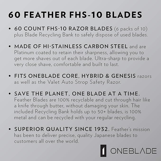 60 Feather FHS-10 Japanese Steel Razor Blades - Refill for OneBlade Core, Hybrid, & Genesis Razors - Single Blade Razor