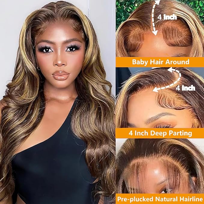28 Inch Highlight Ombre Lace Front Wig Human Hair 13x4 HD Lace Frontal Wig Body Wave Lace Front Wigs Human Hair Pre Plucked 4/27 Colored Honey Blonde Wig Human Hair Glueless Wigs 180% Density