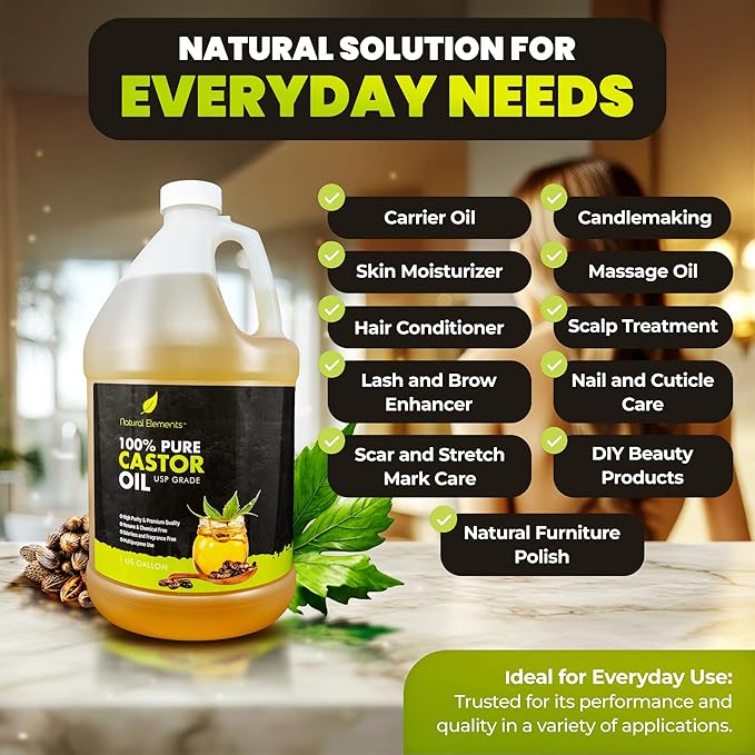 Natural Elements 100% Castor Oil USP Grade | Cold Pressed | Hexane Free | High Purity, Premium Quality