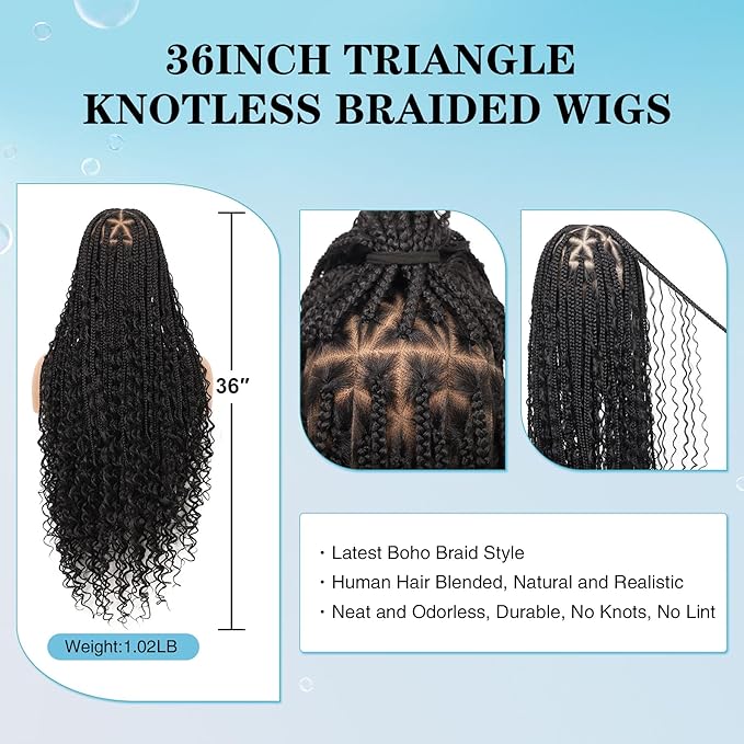360° Hd Full Lace Boho Braided Wigs for Women Knotless Box Braid Wig with Baby Hair Natural Black Human Hair Blended Braided Lace Front Wigs 36"