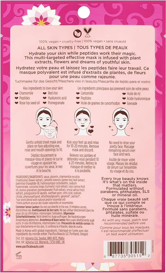Pacifica Disobey Time Rose & Peptide Facial Sheet Mask Hydrating Anti-Aging Mask for Fine Lines & Dry Skin Infused w/Hyaluronic Acid & Chamomile Clean Beauty Vegan & Cruelty-Free Dermatologist Tested
