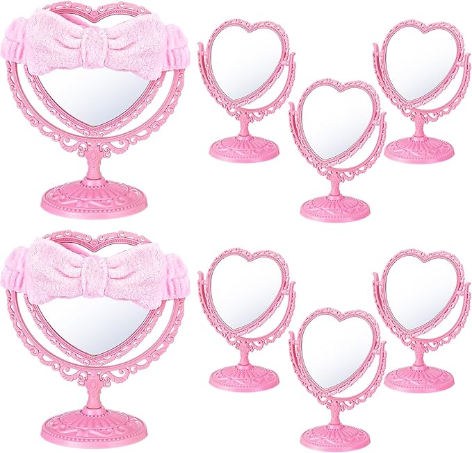 8 Sets Spa Party Mirror 8 Heart Makeup Mirror for Spa Sleepover Slumber Birthday Party Favor Supplies(Pink)