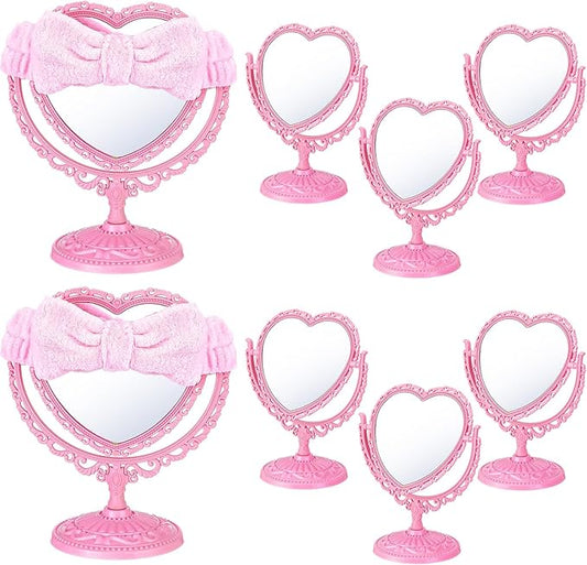 8 Sets Spa Party Mirror 8 Heart Makeup Mirror for Spa Sleepover Slumber Birthday Party Favor Supplies(Pink)