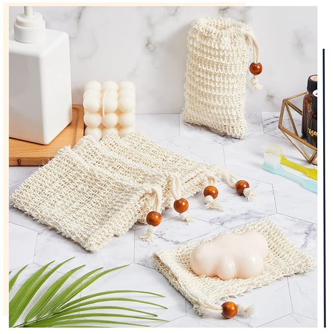 Cunhill 40 Pack Soap Saver Bag Exfoliating Sisal Soap Pouch with Drawstring Bar Wooden Bead Foaming and Drying Exfoliating Net for Bath and Shower