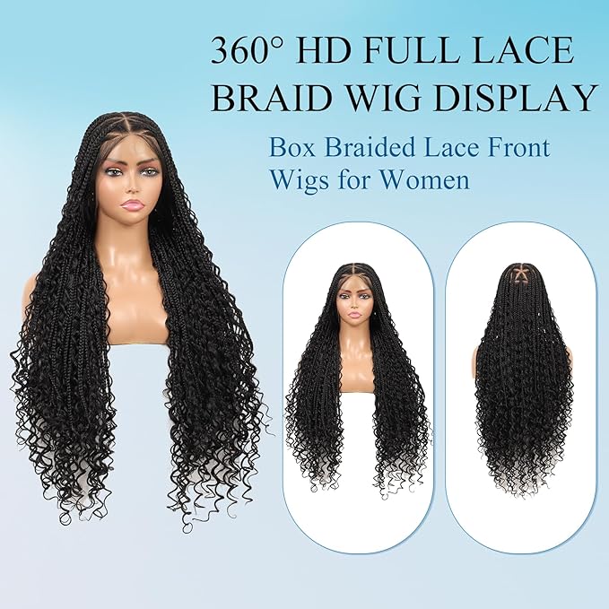 360° Hd Full Lace Boho Braided Wigs for Women Knotless Box Braid Wig with Baby Hair Natural Black Human Hair Blended Braided Lace Front Wigs 36"