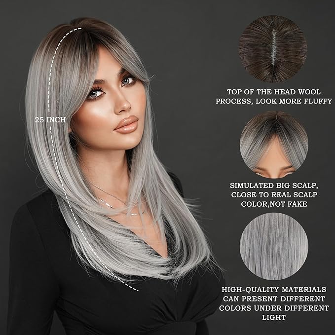 7JHH WIGS Grey Ombre Layered Wig with Curtain Bangs Long Straight Pixie Cut Natural Looking Heat Resistant Synthetic Hair Fiber Wigs for Women Daily Used