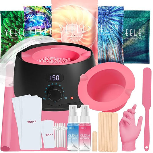 Complete Home Waxing Kit for Women: Face Brazilian Eyebrow Bikini Leg & Sensitive Skin - with 5 Packs Hard Wax Beads Digital Wax Warmer for Hair Removal