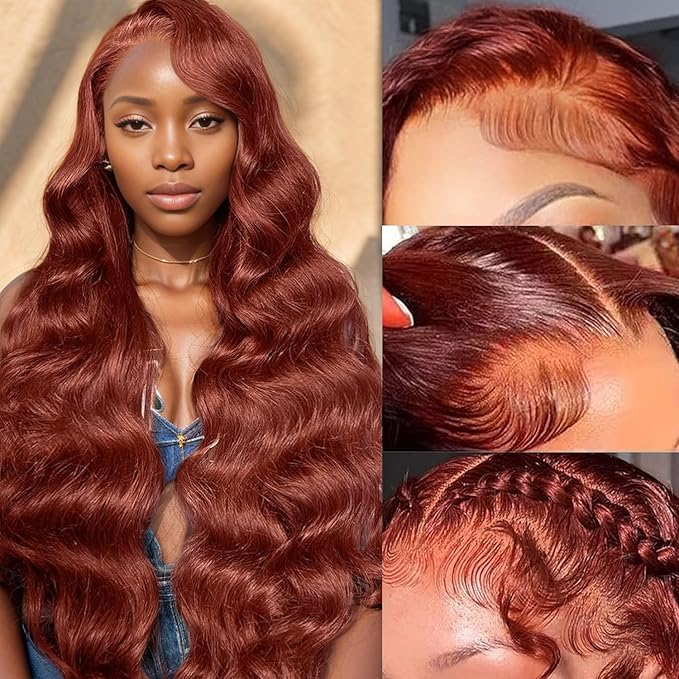 32Inch 13x6 Body Wave Lace Front Wigs Human Hair 180 Density Reddish Brown Human Hair Wigs Pre Plucked 350# Auburn Colored HD Lace Frontal Wigs for Women Copper Red Virgin Brazlian Human Hair
