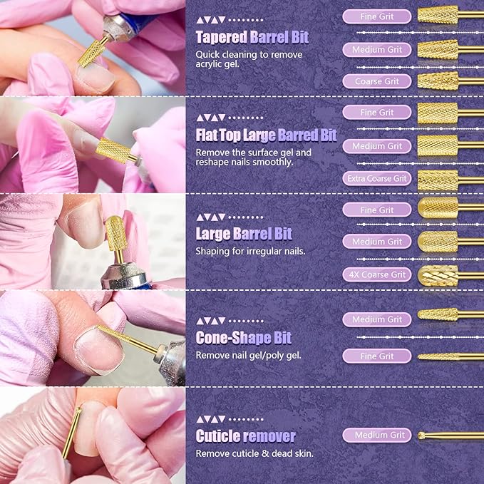 Depvko 13Pcs Nail Drill Bits Set, Tungsten Carbide Drill Bits for Nails, Cuticle Nail Drill Bits for Acrylic Nails Remover Bits for Manicure Pedicure, Home Salon (Gold)