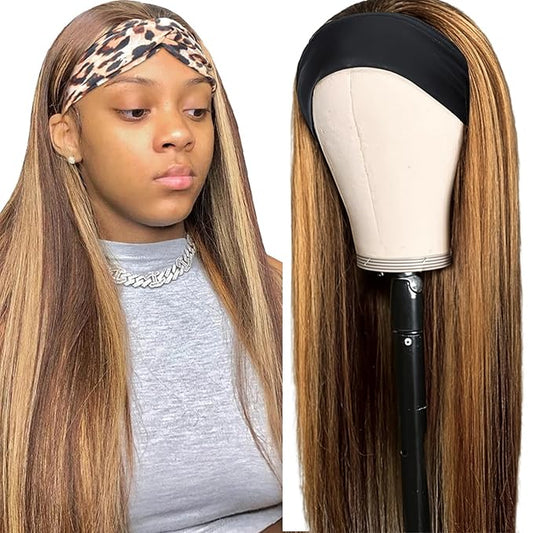 Aiterina Ombre Straight Headband Wig Human Hair Honey Blonde Wigs 4/27 Brazilian Virgin Hair Machine Made Headband Wig Non Lace Front Human Hair Wigs 20 Inch