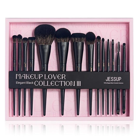 Jessup Makeup Brushes Set Jessup Make up Brushes 14Pcs Black Kabuki Foundation Eyeshadow Contour Concealer Powder Eyeliner Crease Eyebrow Blending Brush with Gift Box, T336-G