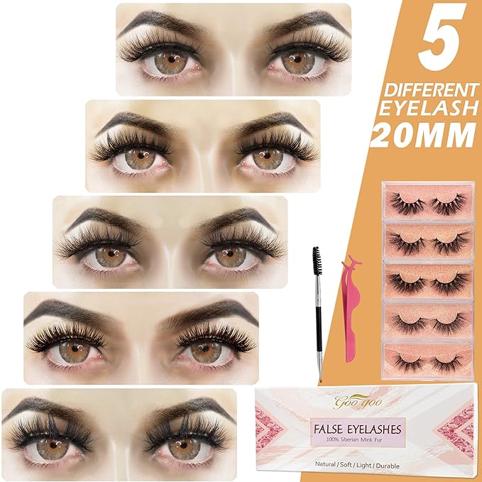 GOO GOO Mink Eyelashes, Natural Daily Type 3D Mink Lashes 16mm-20mm 5 Styles Multipack Perfect Layered Effect Hand Made Strips Siberian Fake Eyelashes Fluffy Full False Eyelashes