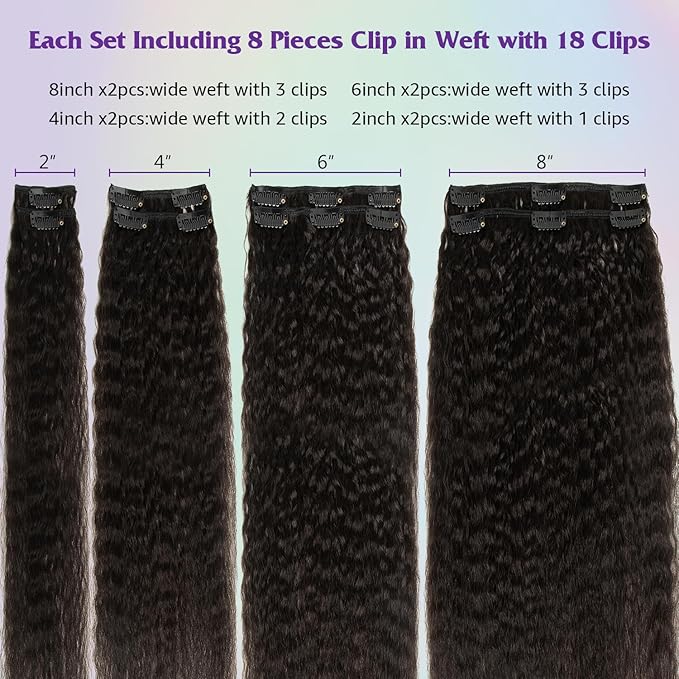Kinky Straight Clip ins 22 Inch Clip in Hair Extensions Real Human Hair Brazilian Remy Human Hair for Women 8pcs 100g Per Set with 18 Clips Double Weft Natural Black