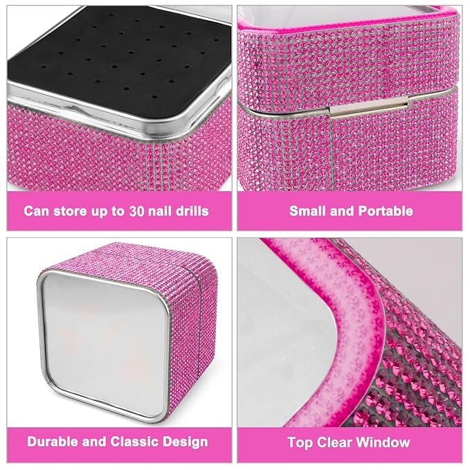 30Pcs Nail Drill Bits Set with Rhinestone Storage Box, 3/32 Inch Ceramic Diamond Carbide Nail Drill Bits for Acrylic Gel Polish, Cuticle Efile Remover for Manicure (Pink)