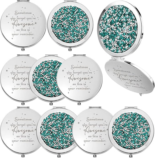 Roowest 10 Pcs Inspirational Compact Mirror Sometimes You Forget You're Awesome Appreciation Gifts for Women Mother's Day Party Favors Magnifying Pocket Mirror (Green)