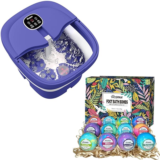 HOSPAN Collapsible Foot Spa Electric Rotary Massage, Foot Bath with Heat, Bubble, Remote, and 24 Motorized Shiatsu Massage Balls & 12 Essential Oil Rich Foot Bath Bombs Gift Set for Feet Stress Relief